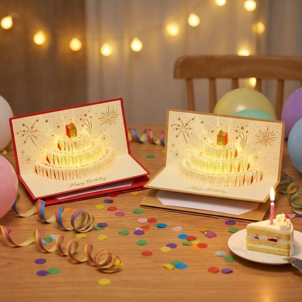 6 слотов для карт 3D Pop-Up Открытка-торт Складная Музыкальная со светом Поздравительная открытка с лентой Почтовая открытка Кошелек для денег