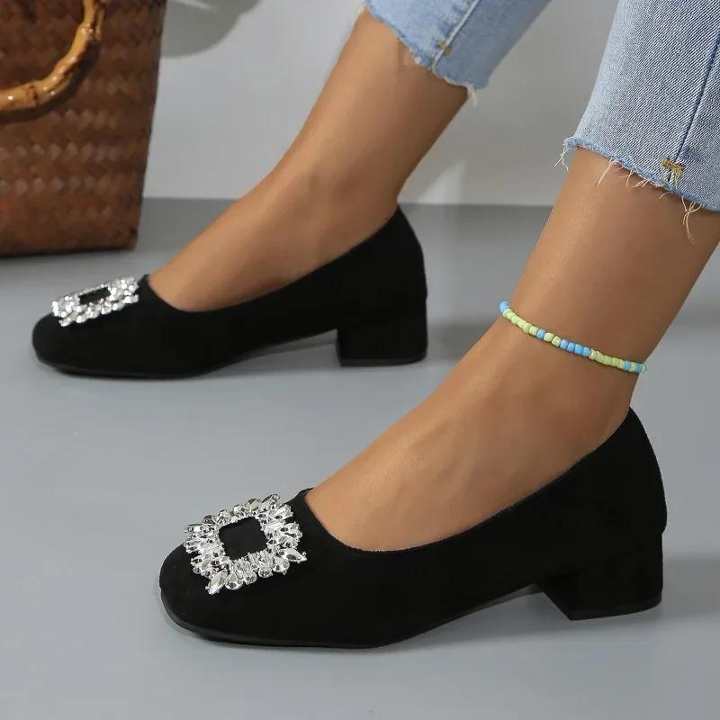 Модные туфли-лодочки Женская обувь 2024 Осень Новые Роскошные Стразы Квадратная Пряжка Свадебная Обувь Невесты Удобные На среднем каблуке Женские туфли-лодочки