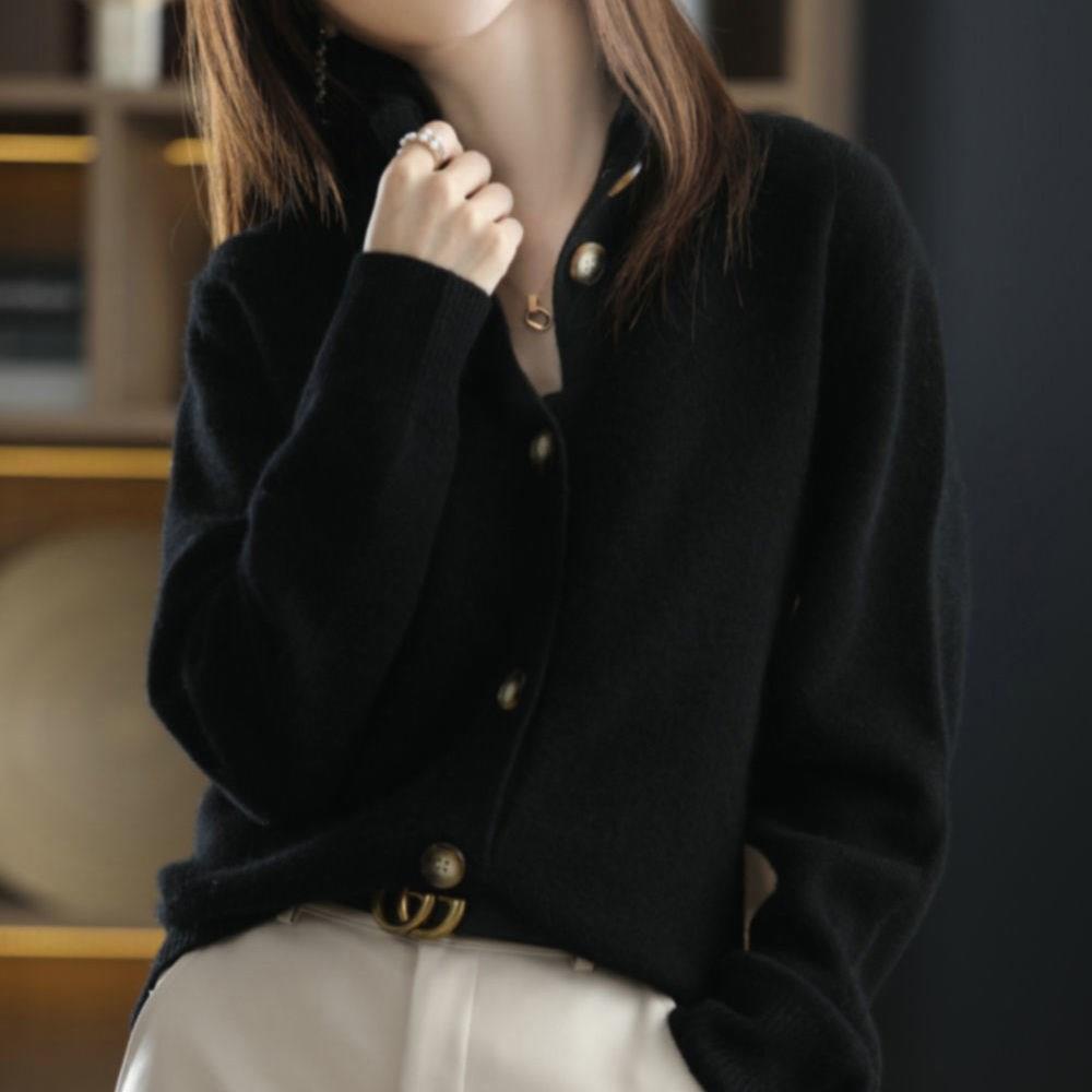 Autumn and Winter Woolen Cashmere Sweater Women's Self-Cultivation Half High Neck Cardigan Warm Knitted Sweater Women