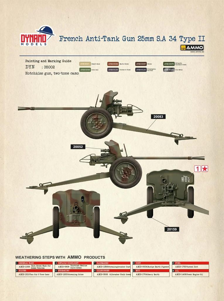 Dynamo Models 1/35 French Hotchkiss 25mm S.A. 34 Type 2 Anti-Tank Gun Premium Edition Plastic Model DYN35DM002P