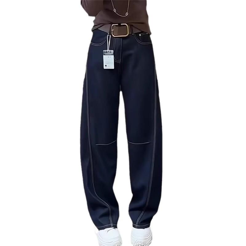 Женские джинсы широкие брюки в стиле ретро, европейский стиль - большой размер, тип фигуры "груша", стройнящие, универсальные для осени и зимы