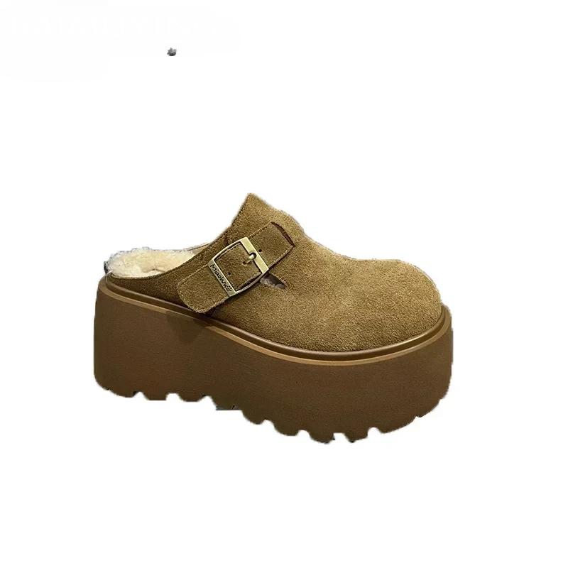 Платформа Высокий каблук Тапочки Женские замшевые туфли-мюли Женские 2025 Тренд Зима Новые Теплые Повседневные Модные Снежные Ботинки Mujer Zapatos