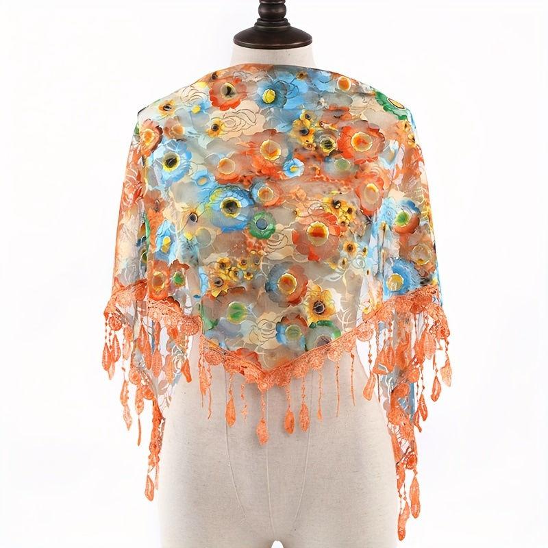 Triangular Scarf with Versatile Lace and Fringe Design, Thin Decorative Fashion Shawl, Women's Headscarf