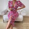 Summer Women's Dress Deep V Neck Sexy Floral Bubble Sleeve Waisted Pleated Hip Dresses