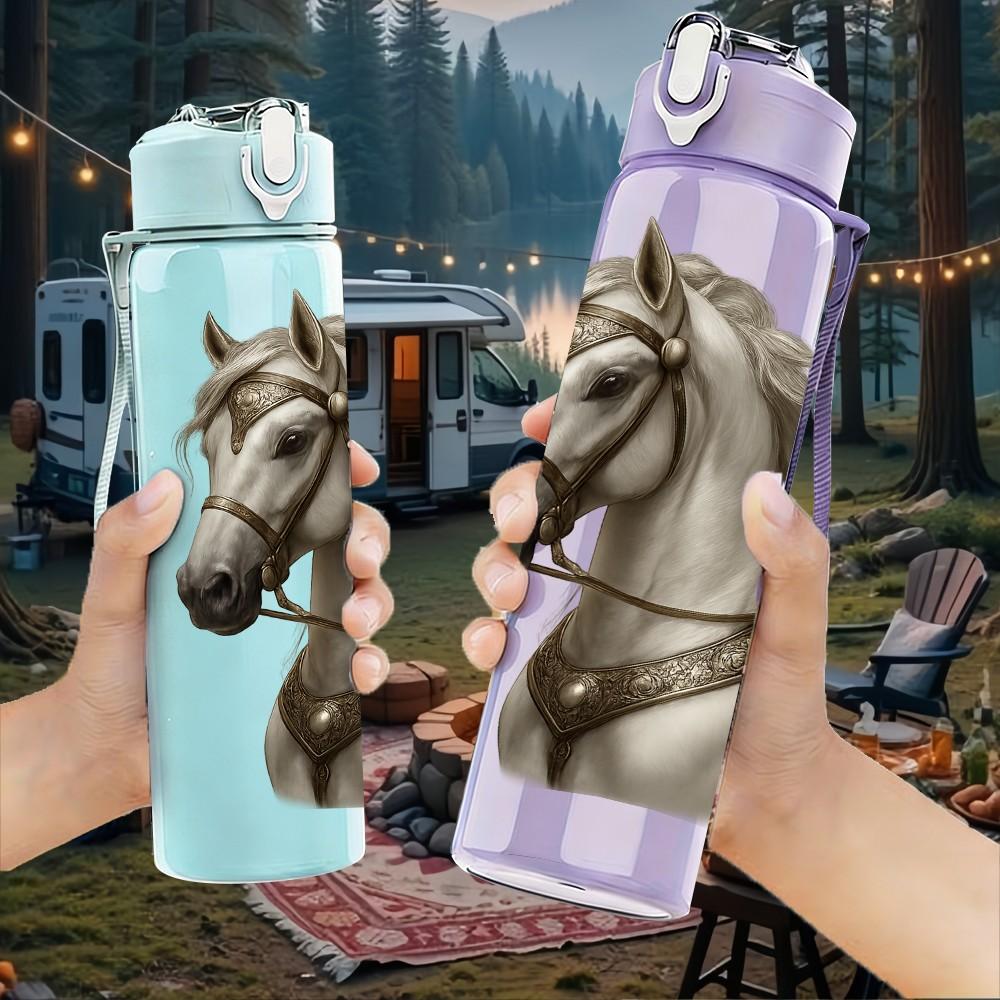 1PC Noble Horse Head Portrait Print 750ml Color Plastic Sports Water Bottle Leakproof Flip Straw Lid Suitable for Sports Office Home Use