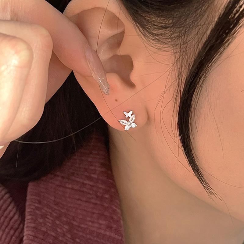 Sparkle Butterfly Earrings for Women, Luxury Tiny Double Butterfly Studs, Summer Trendy Fashion Jewelry