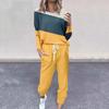 2 Pcs/Set Women Top Pants Suit Round Neck Long Sleeves Colorblock Sport Sweatshirt Drawstring