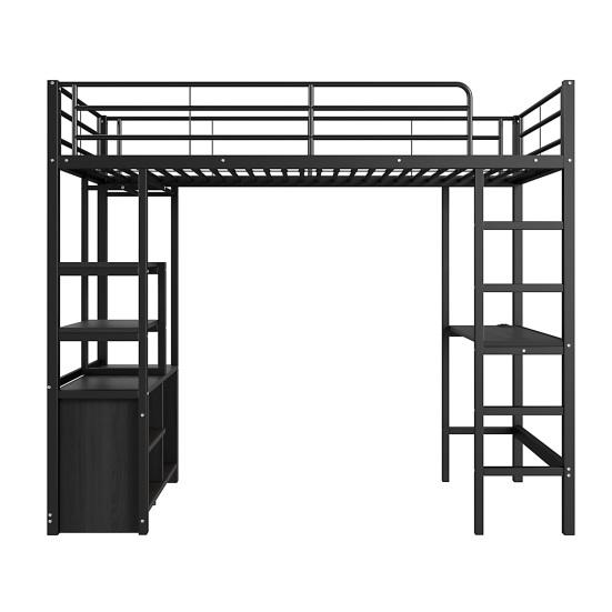Loft Bed, 90x200cm, No Mattress, Bed with Desk, Socket And USB, Multiple Shelves, Open Storage Cabinet, Railing, Ladder, Iron Frame,