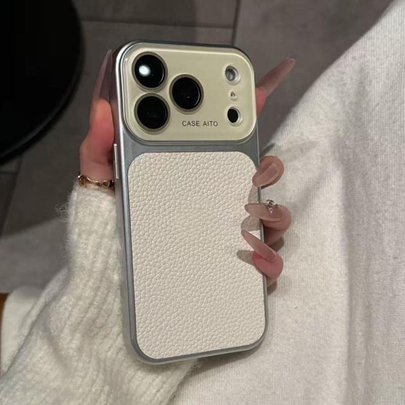 Противоударный чехол с текстурой кожи для iPhone 14/15/16/17 Pro Max - Однотонный дизайн.