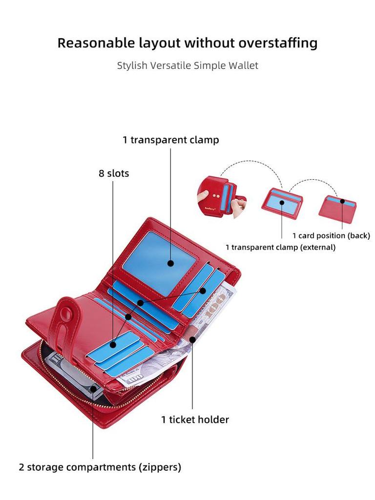 Женский кошелек Baellerry из блестящей кожи с масляной восковой пропиткой - Короткий, Много отделений для карт, Карман для монет на молнии, Универсальный дизайн
