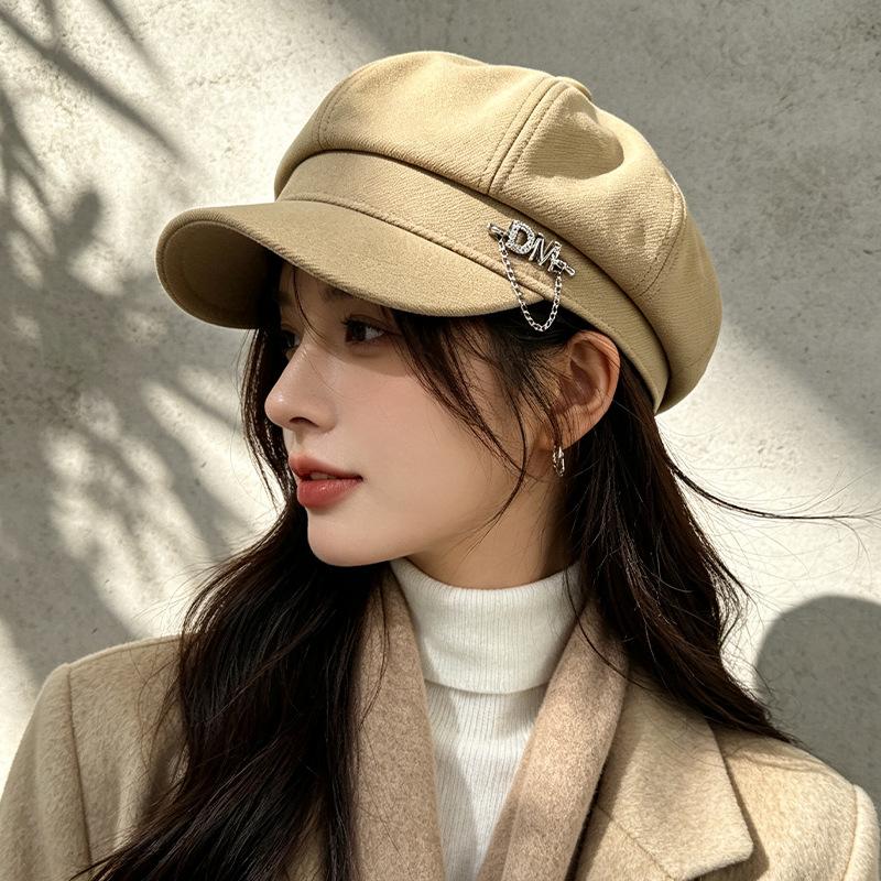 Autumn and winter new woolen retro literary cap showing small letters metal buckle versatile temperament octagonal hat