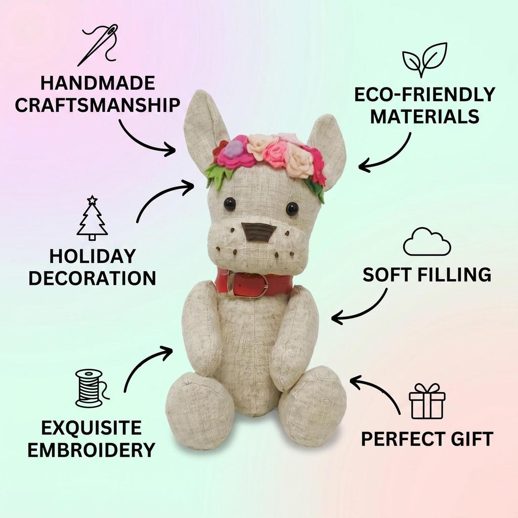 Christmas Linen Fabric French Bulldog Doll Ornament with Wreath - Exquisite Soft-Filled Puppy Figurine