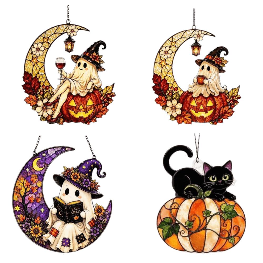 Pumpkin Cat Halloween Ghost Ornaments Colorful Window Hanging Decoration Sun Catcher Outdoor