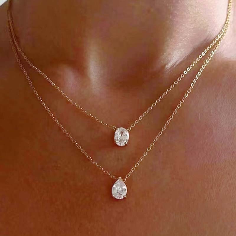 Elegant Waterdrop Rhinestone Pendant Necklaces for Women Ladies Luxury Double-Layer Stacking Fine Chain Necklaces Jewelry Gifts