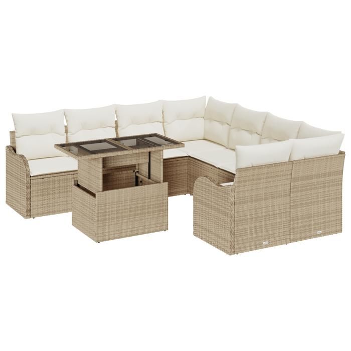 Ensemble de Sofa de Jardin 9 Pièces avec Coussins Poly Rattan Beige, Sofa de Jardin 2 Places avec Rangement et Coussins Poly 3357174