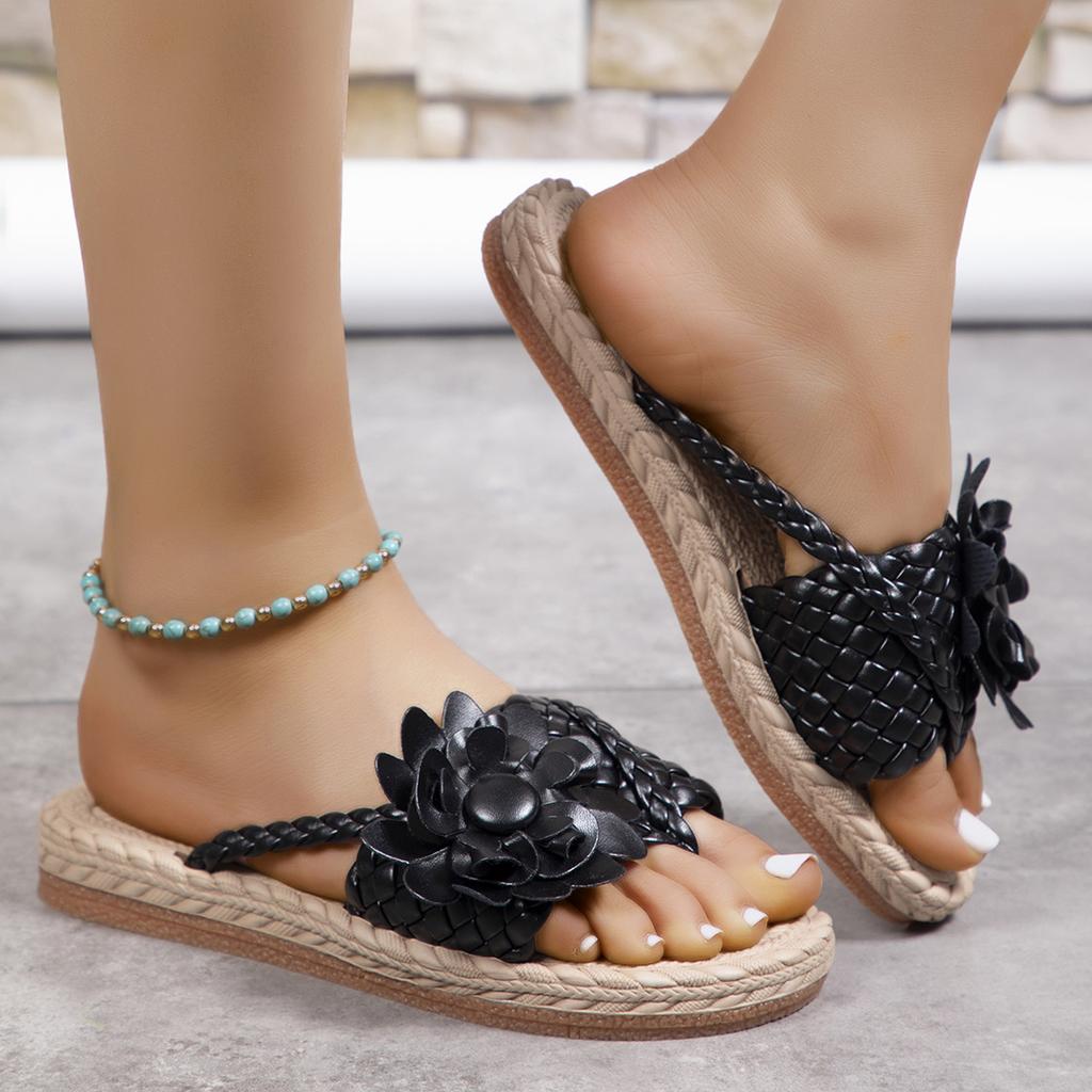 Fashion Summer Floral Braided Flat Slippers Classics Solid PU Leather Women Non Slip Flip Flops Soft Comfortable Beach Sandals Femme