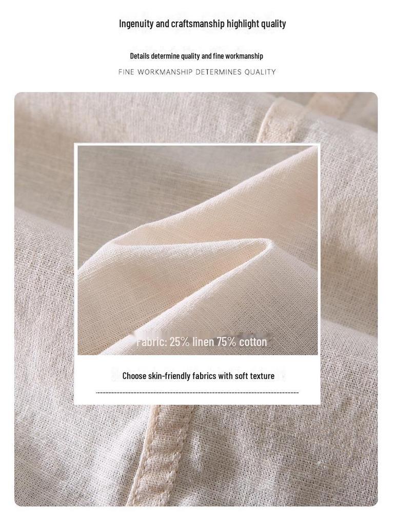 Мужская рубашка из хлопка и льна с длинным рукавом, китайским воротником-стойкой и карманом - простая, удобная повседневная куртка