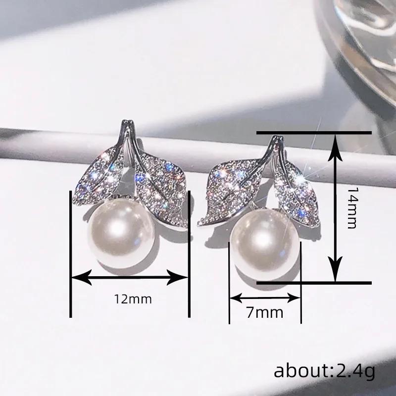 New High End Pearl Zircon Leaf Earrings For Women'S Daily Wear, Fashionable, Elegant, Light Luxury Jewelry Accessories