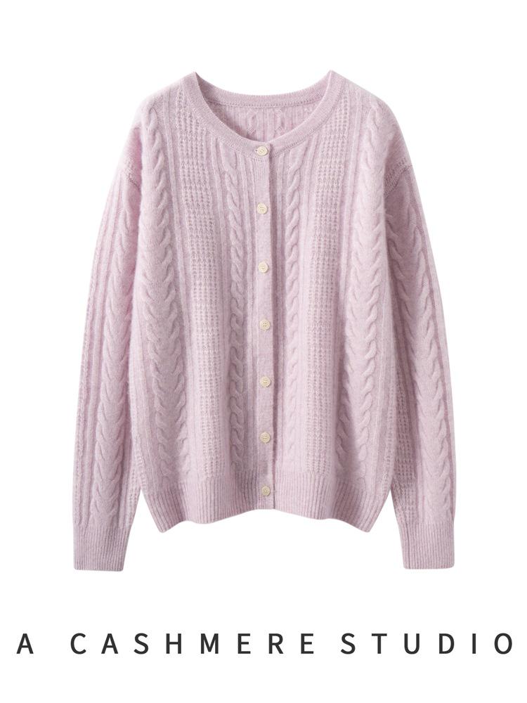 Women's Long Sleeve Korean Cable Knit Cashmere Cardigan Sweater