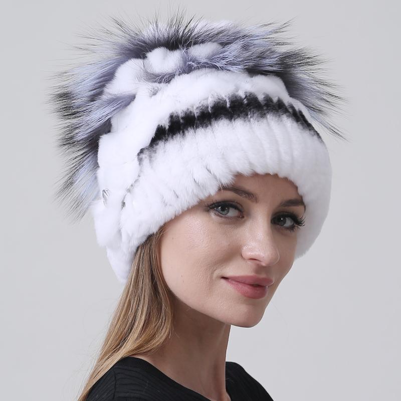 Роскошная зимняя шапка из натурального меха для женщин, вязаная шапка из меха кролика рекса и лисы, цветочные зимние модные стильные меховые шапки