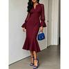 V-Neck Chiffon Patchwork Bubble Sleeve Mermaid Midi Dress Women Elegant Office Wear