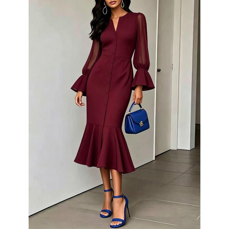 V-Neck Chiffon Patchwork Bubble Sleeve Mermaid Midi Dress Women Elegant Office Wear