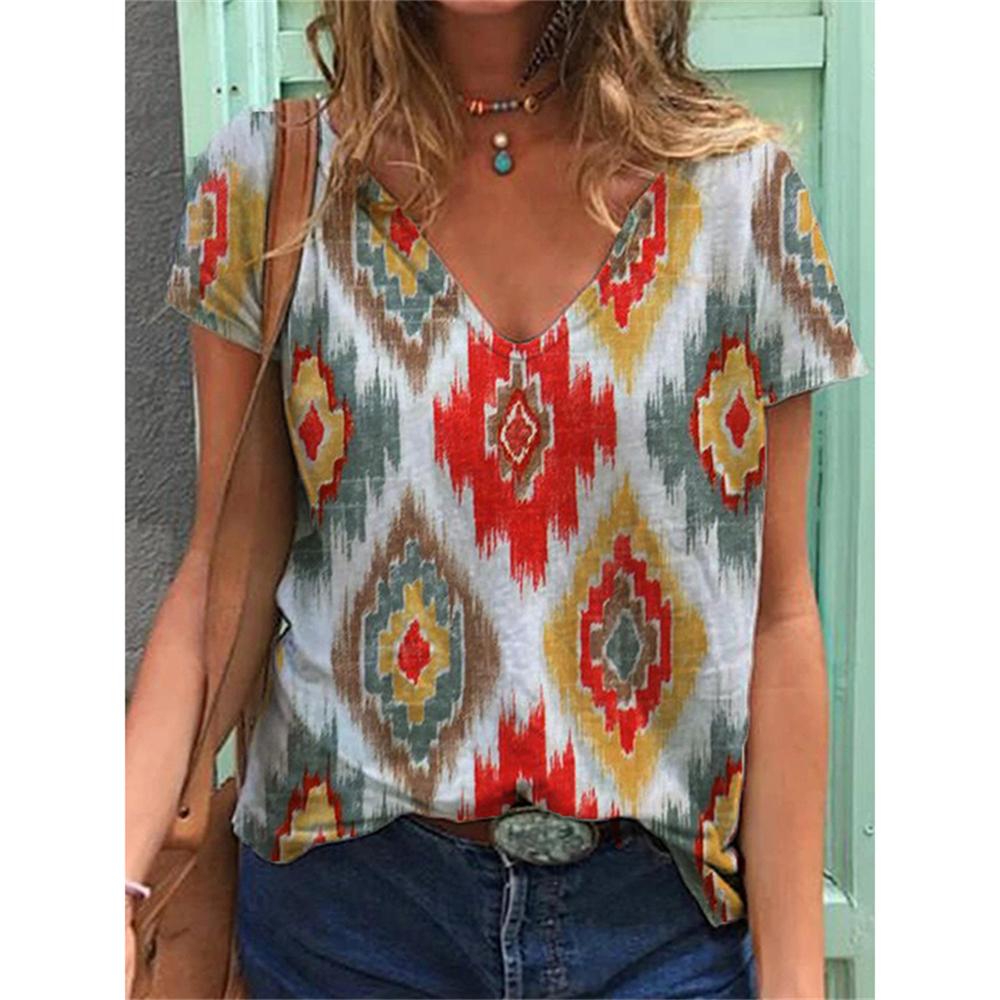 Geometric Graphics 3D Print T-Shirts Women Ethnic Style Vintage Streetwear T Shirt Y2k Tops Woman V-Neck Tees Oversized Clothing