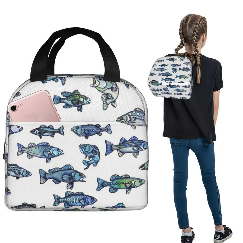 Blue School Of Fish Cartoon Insulated Lunch Bag for Women Children Portable Food Boxes Thermal Lunch Box Tote
