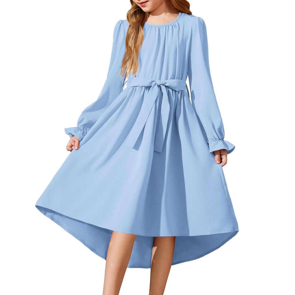 Girls' Long Sleeve Dress Belted Semi-Formal Party Dress