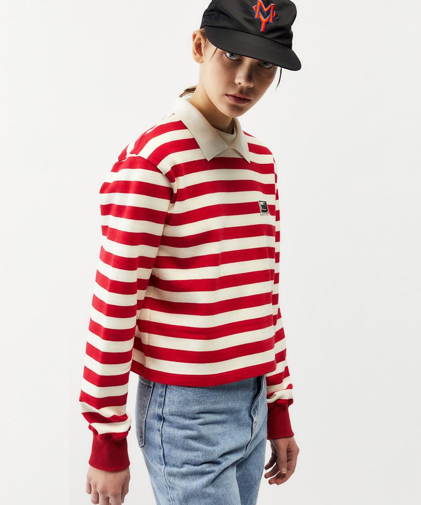 MAYOL Double Collar Wappen Striped Long Sleeve T-Shirt_Red