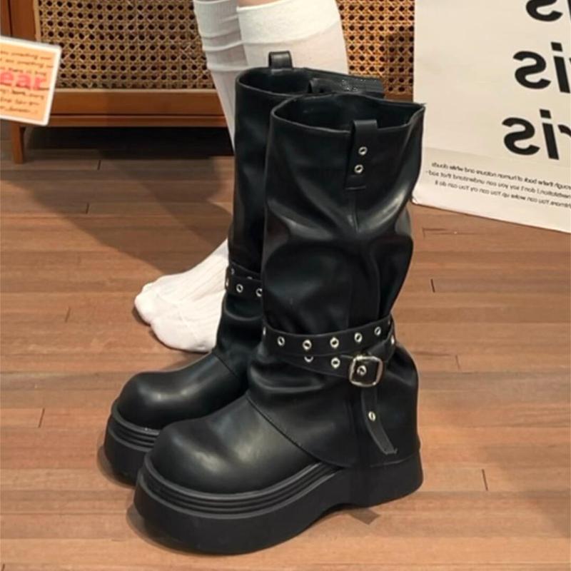 Сексуальные ботфорты на платформе и толстом каблуке, женские ботинки-трубы, модная обувь с ремешками и пряжками, женские панк-ботильоны до середины икры, De Muje