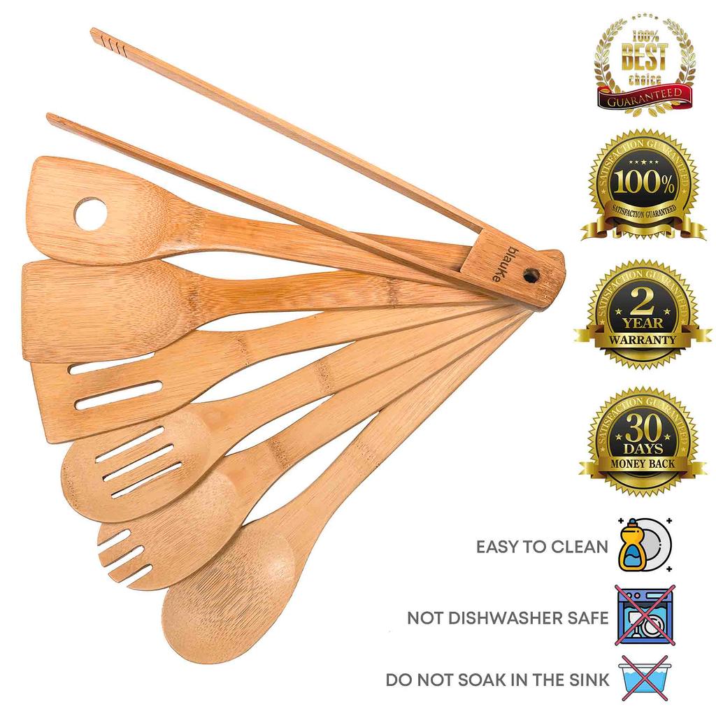 BlauKe® Wooden Kitchen Utensils Set of 7 – Bamboo Cooking Utensils for Non-Stick Cookware – Wooden Spatulas for Cooking, Wooden Spoons