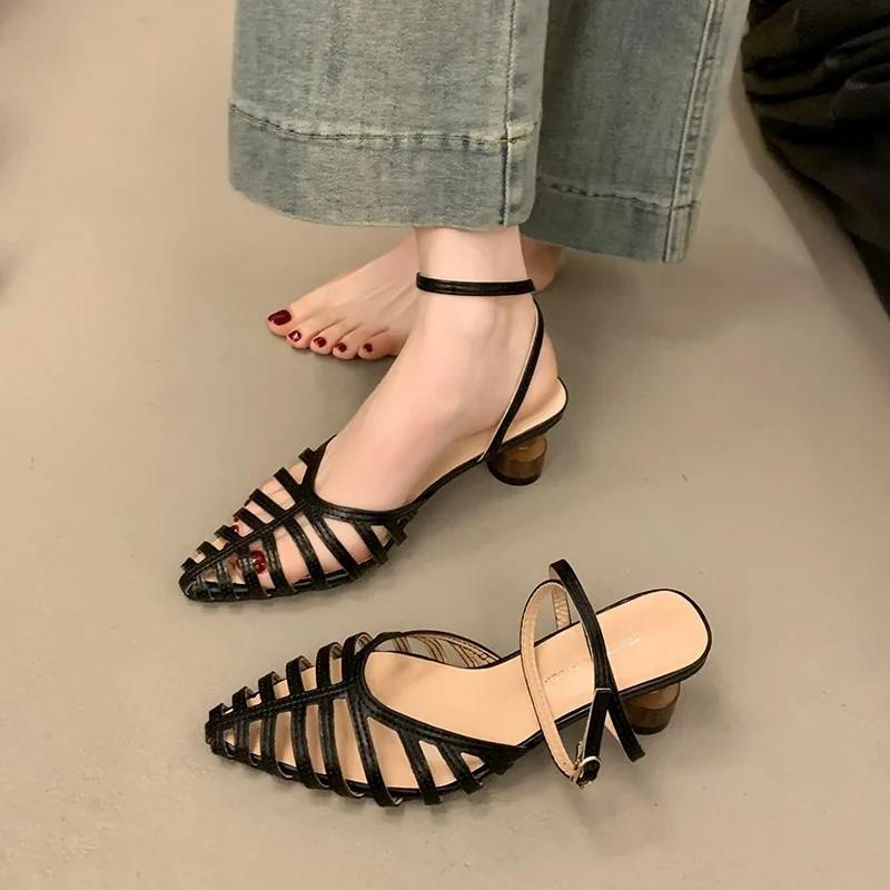 Shoes Female Closed Toe Women's Sandals Fashion Dress Sandals Women Hollow Pointed Toe Ankle Buckle Strap Med Heel Shoes