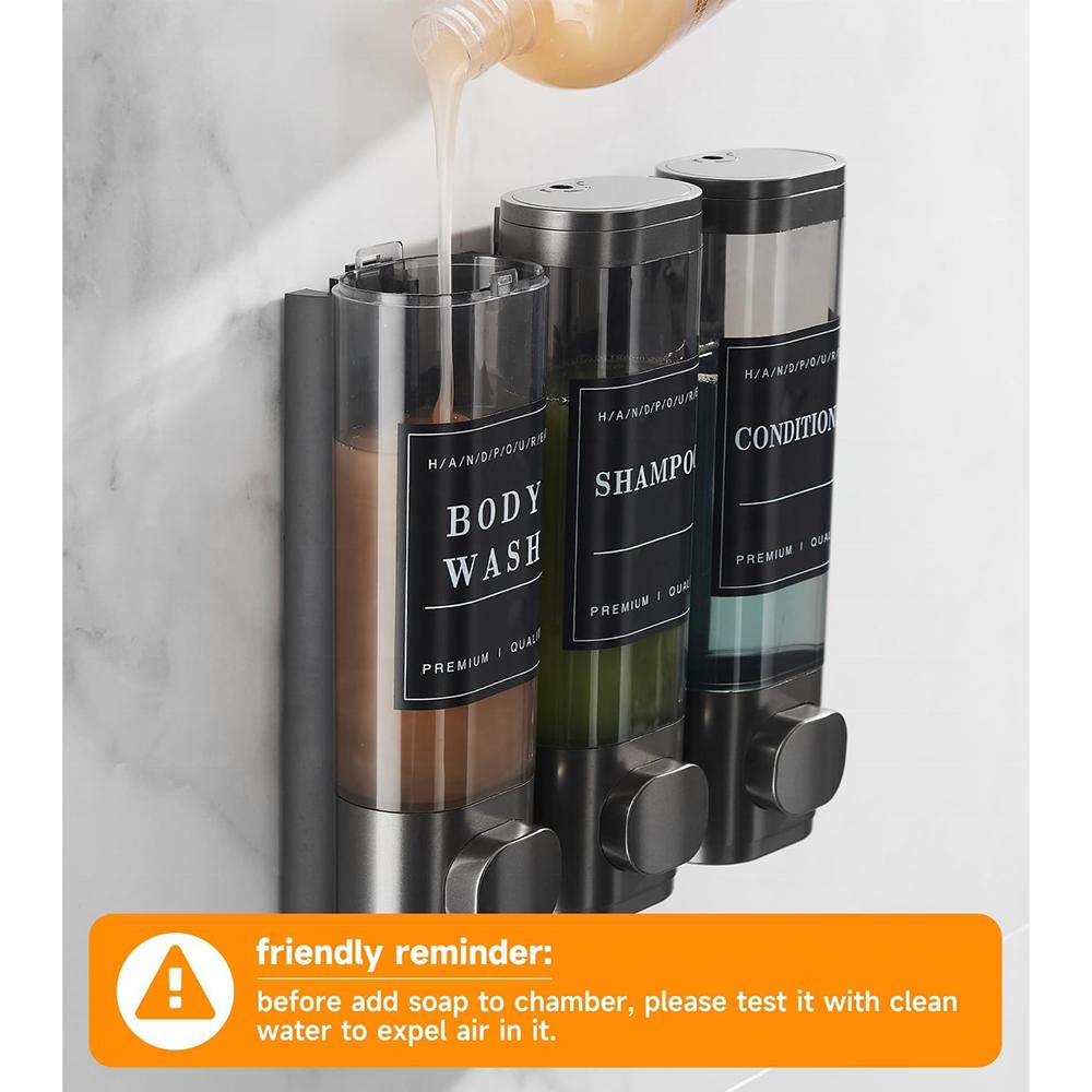 Large Capacity Dark Gray 3-Chamber Wall-Mounted Shampoo Conditioner Dispenser Shower Soap Dispenser for Bathroom Hotel No Drill