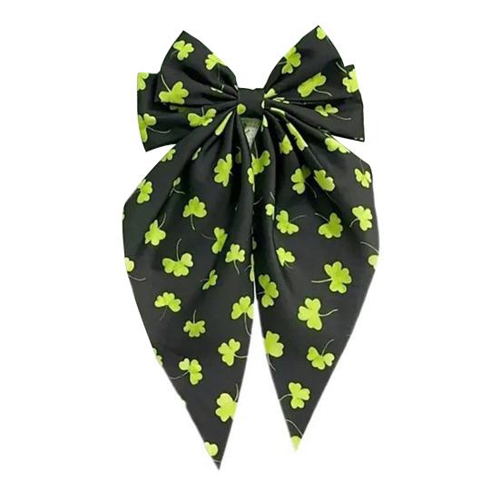 Заколка для волос из зеленой ленты с бантом и узором в виде четырехлистного клевера, пружинная заколка для затылка, заколка для волос в милом стиле