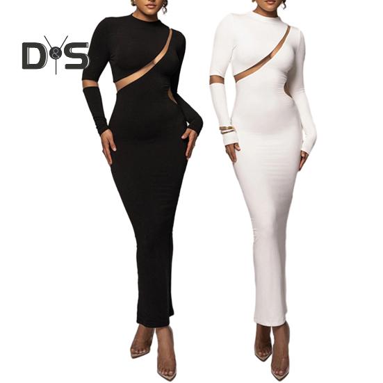 Женское платье из прозрачной сетки в стиле пэчворк, облегающее платье с разрезом, длинным рукавом, круглым вырезом, однотонное эластичное, с вырезом, длиной до щиколотки, вечернее, выпускное, макси-платье