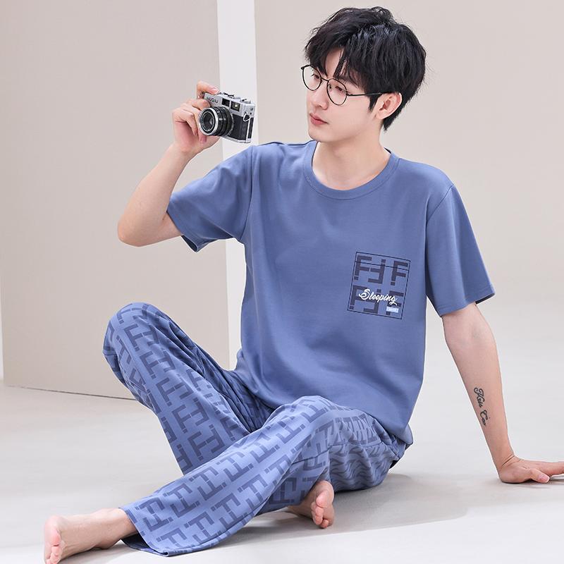 Summer Soft Cotton Pajamas Set for Men Fashion O-neck Pyjamas Short Sleeved Plaid Pants Home Suit