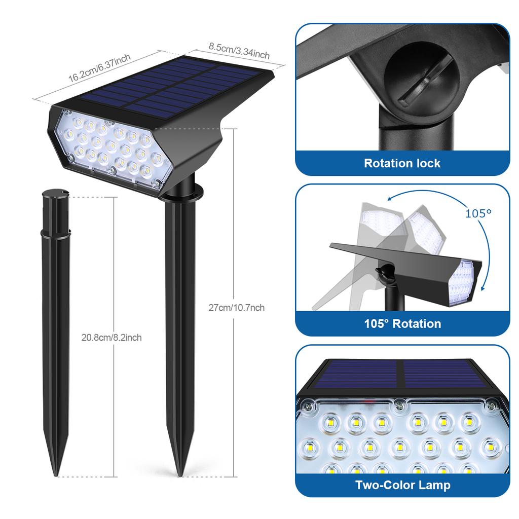 Dual Colors Adjustable LED Solar Spot Lights Waterproof Outdoor Solar Landscape Lights For Garden Yard Lawn Palm Trees Decor