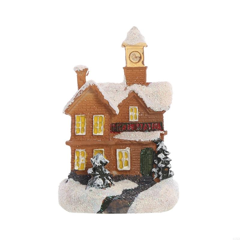 62KD Christmas LED Lighted Miniature Snow House Resin Ornament Village Scene Battery Operated Luminous Figurine Xmas Decor