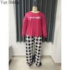 Women Pajama Set, Plus Size Milk Silk Long Sleeve Pants Set Letter Print Casual Home Loungewear For Spring Autumn