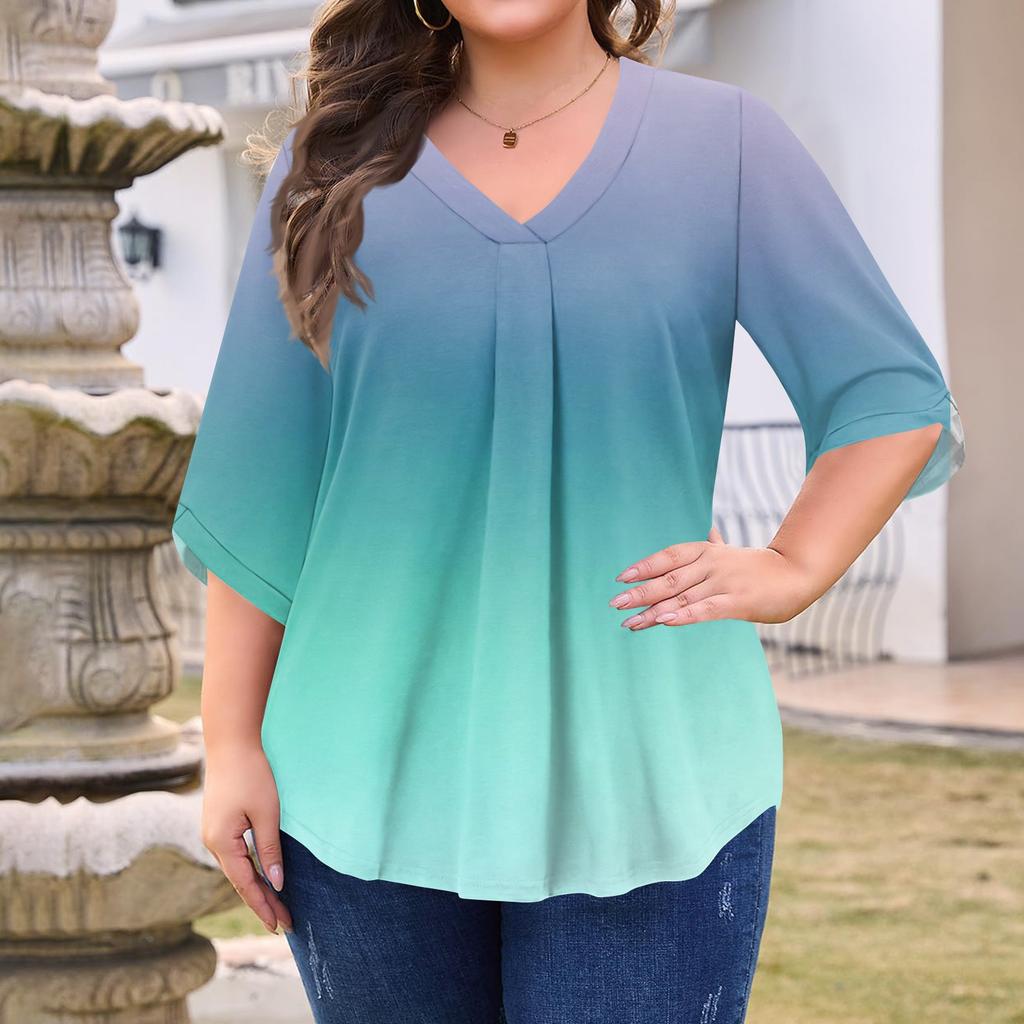 Women's Fashion Large Size Print V-Neck Three-quarter Sleeve Top