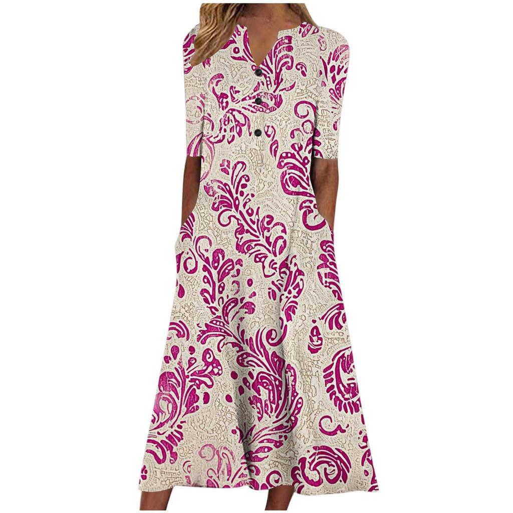 Повседневное платье с V-образным вырезом, рукавами средней длины, цветочным принтом, карманами, застежкой на пуговицы спереди, свободного кроя - Белый/Светло-голубой/Розовый