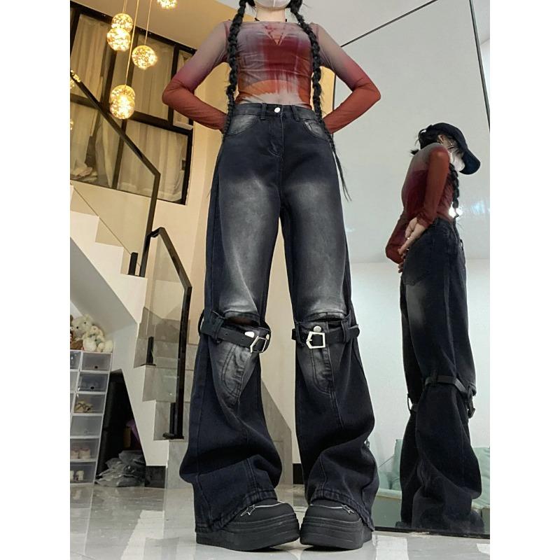Женские джинсы, джинсовые брюки с вырезом, полые ремни для ног, брюки y2k с высокой талией, уличная одежда в стиле Харадзюку, эстетика в стиле панк, готика, гранж
