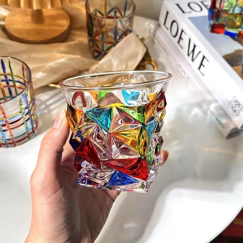 European-Style Coulorful Lines Hand-Painted Lines Woven Crystal Glass Stained Glass Juice Cup Whiskey Glass Personalise Gift