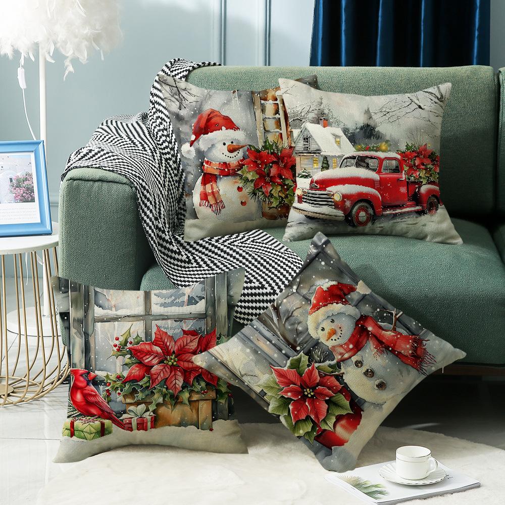 Santa Claus Red Truck Little Snowman Elements Atmosphere Christmas Pillow Cover Home Decoration Sofa Cushion