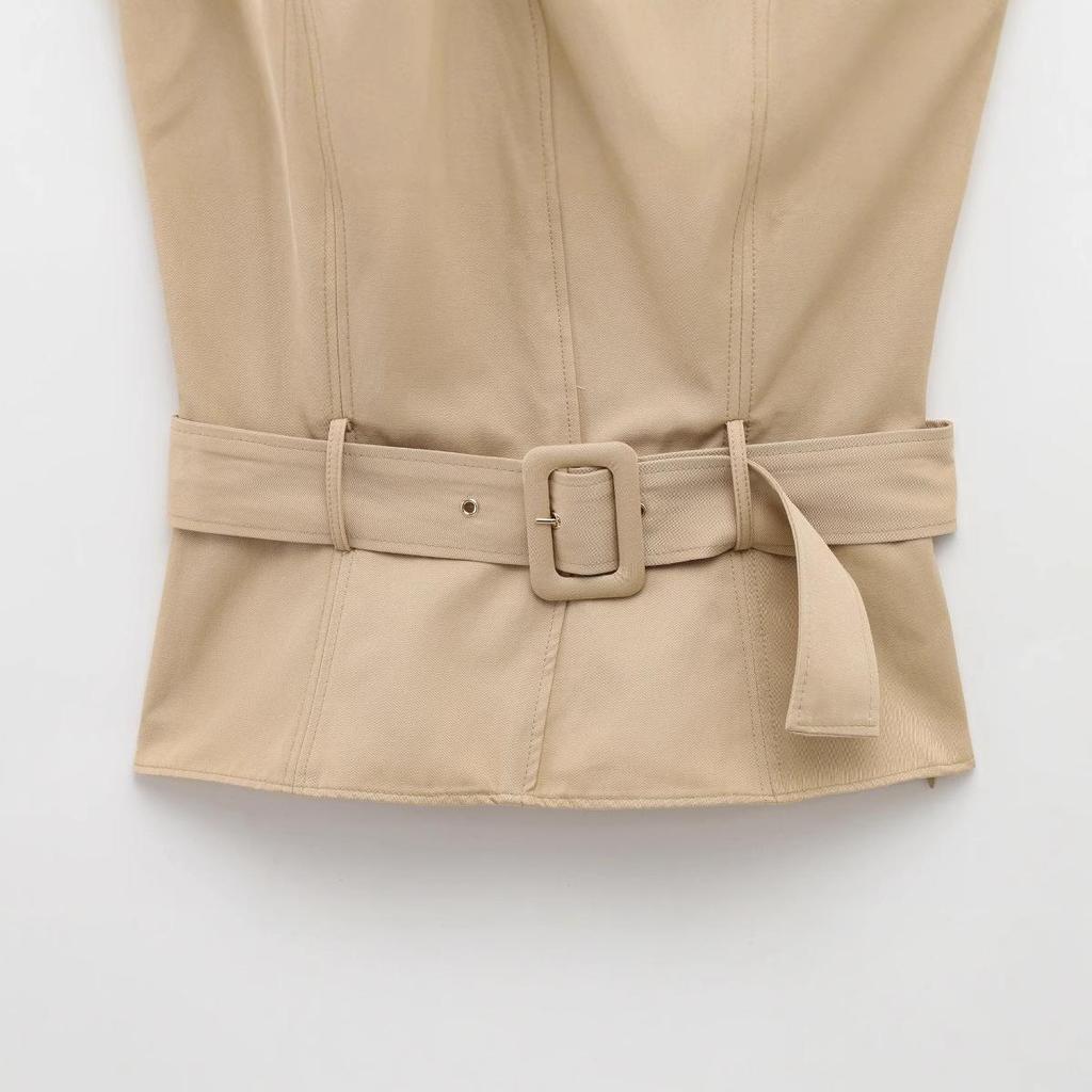 Women's Spring 2025 Belted Turn-Down Collar Sleeveless Wrap Top