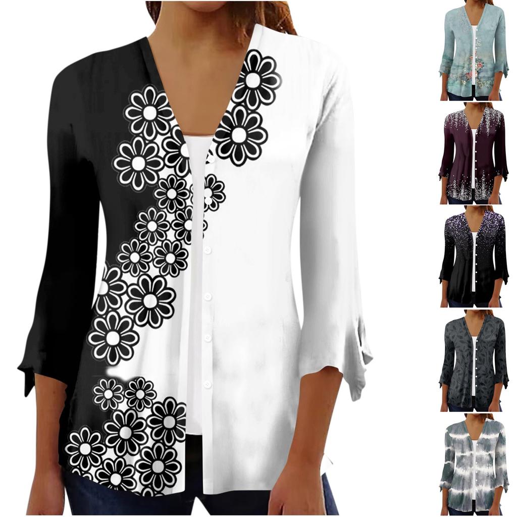 Women's Shirt Blouse Outerwear Print 3/4 Length Sleeve Casual Holiday Basic Button Tops