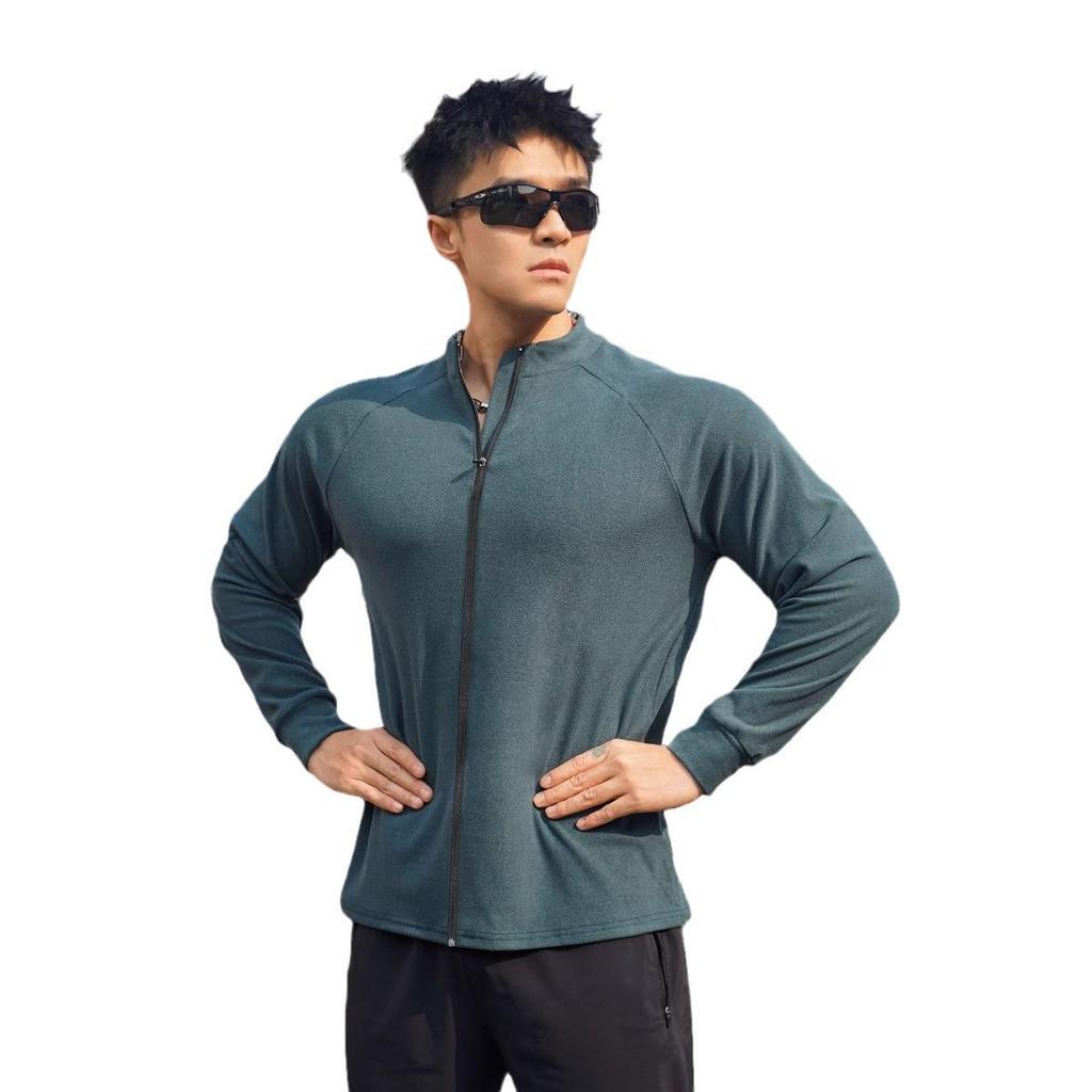 Мужская повседневная велюровая футболка с длинным рукавом для тренировки мышц - эластичный воротник-стойка на молнии