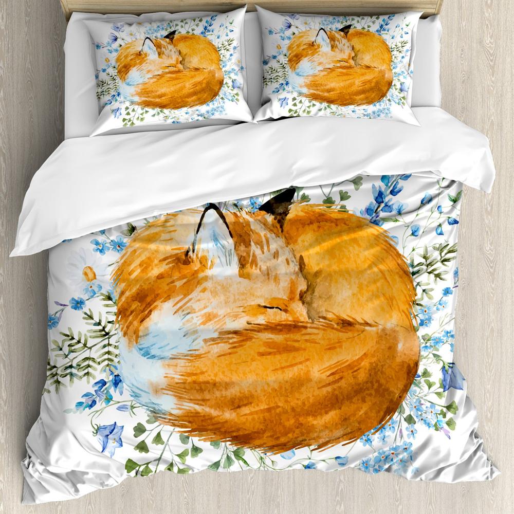 Girls Cartoon Fox Duvet Cover Set Cute Fox Bedding Set Kawaii Animals Comforter Cover Botanical Floral Bedspread Cover Full Size