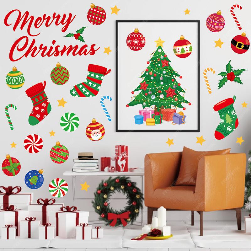 Christmas Wall Decals Christmas Tree Wall Stickers Xmas Ball Fireplace Decals Stickers Removable Merry Christmas Wall Decoration